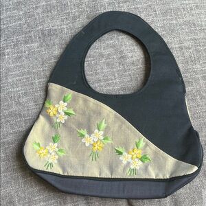 Floral Embroidered Black and Cream Handbag
